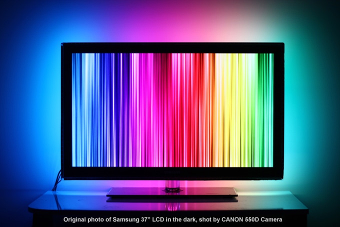 Photo of AmbiLED installed behind a TV